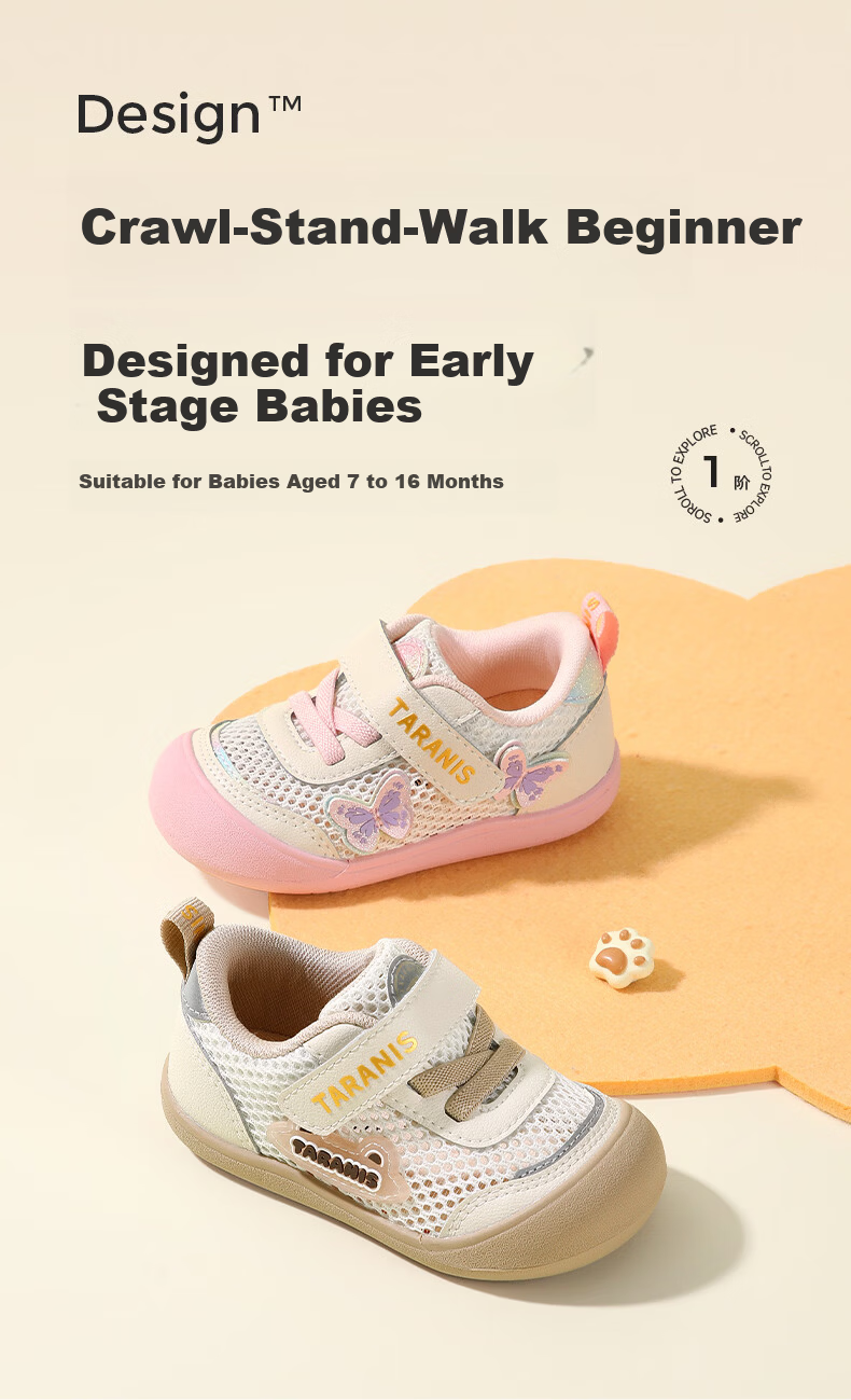 TARANIS Spring Baby Soft Sole Prewalker Shoes Unisex Anti-Slip Functional Shoes White/Apricot Size 19 1