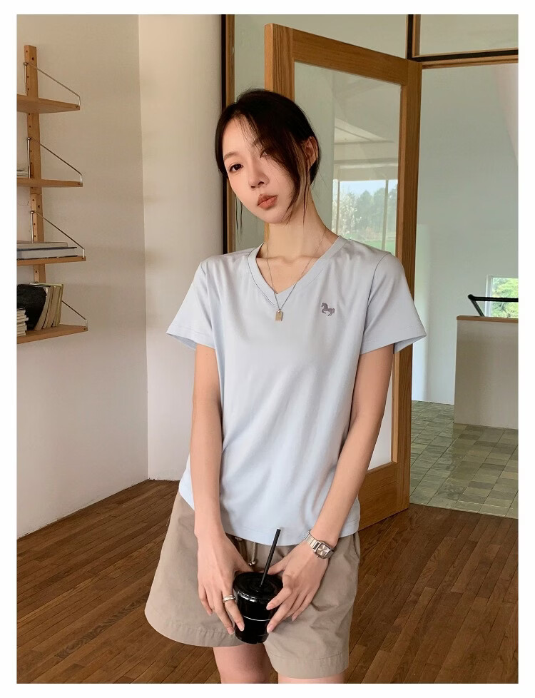 ICH MODE Women's V-Neck Pony Embroidered Short Sleeve T-Shirt Summer Tee 2026 New Slim Fit Top Heather Gray L 14