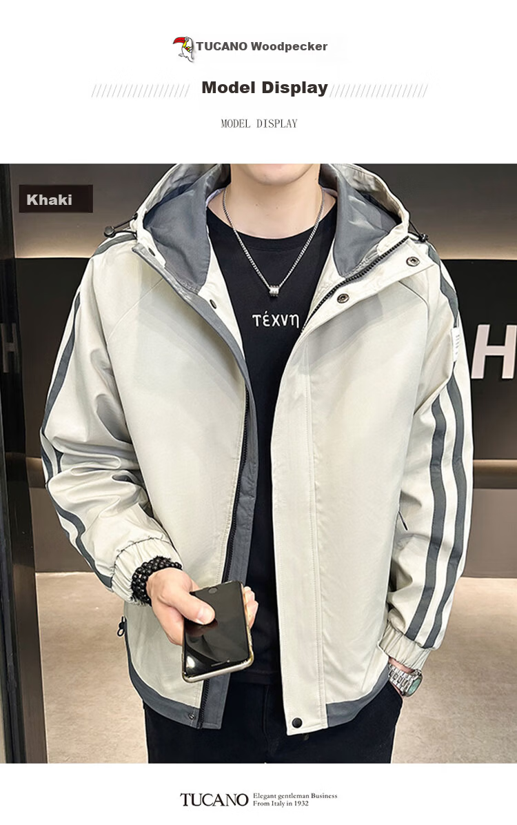 TUCANO Men's Spring Autumn Hooded Workwear Casual Jacket Loose Stylish Trendy Khaki 3XL 6