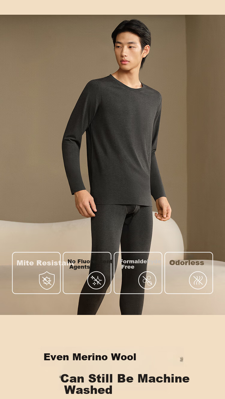 Ubras Down-Blend Wool Base Layer Thermal Set with Insulated Pants for Men, Autumn Wear, Dark Heather Gray, Lightweight Warmth 5