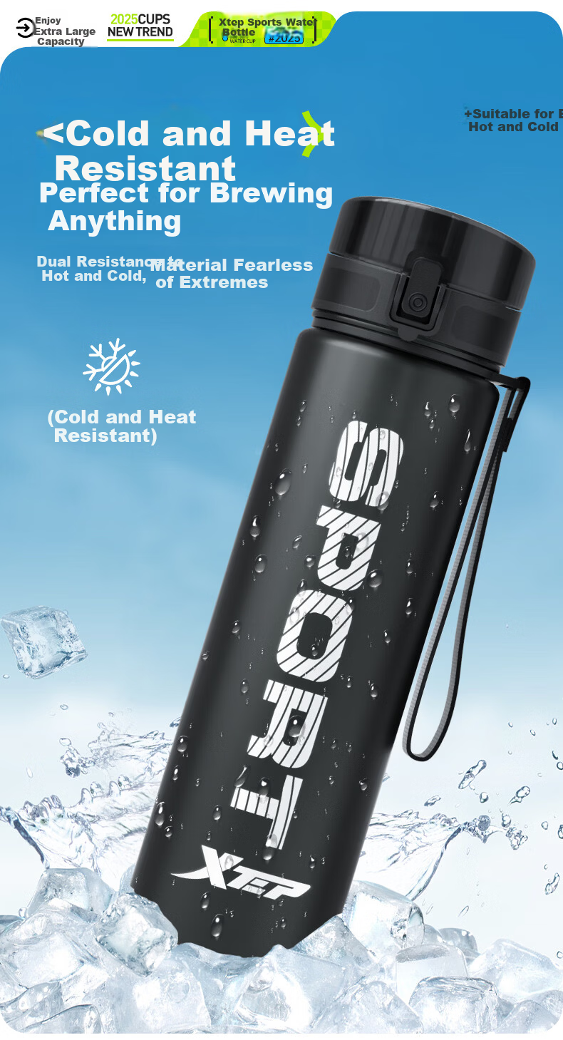 XTEP Sports Water Bottle Large Capacity Student Children School Use Unisex Fitness Portable Bottle High Temperature Resistant Summer Cup Black 15