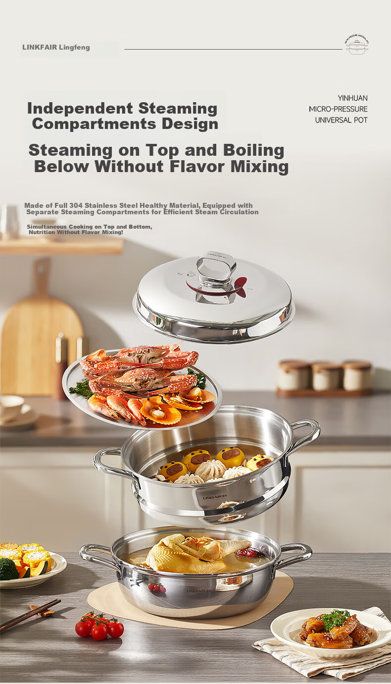 LINKFAIR Stainless Steel Steamer Pot Double-Layer Multi-Function Steaming Boiling Stewing Cooker Compatible with Gas and Induction Cooktops 6