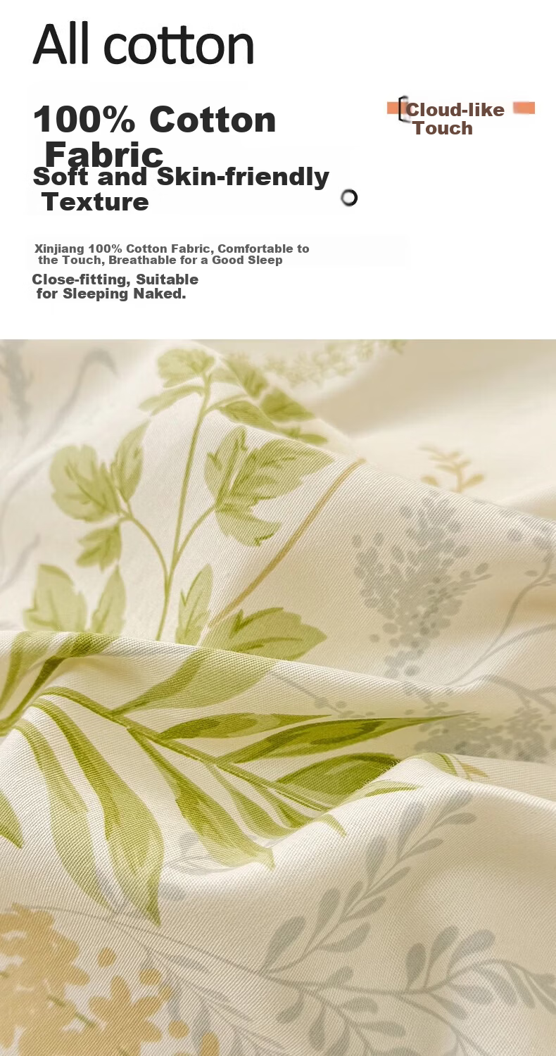 Hodo 100% Cotton Four-Piece Bedding Set, All Cotton Bed Linen, Spring and Autumn Bed Sheet and Quilt Cover 200x230cm, Youyou Xiancao, Suitable for 1.5/1.8m Bed 4