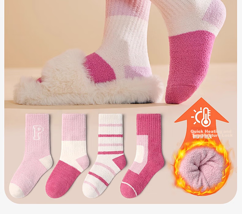 MiiOW Girls' Coral Fleece Warm Thickened Mid-Calf Socks Autumn Winter Kids Plush Socks for Children Students Baby Girls 4