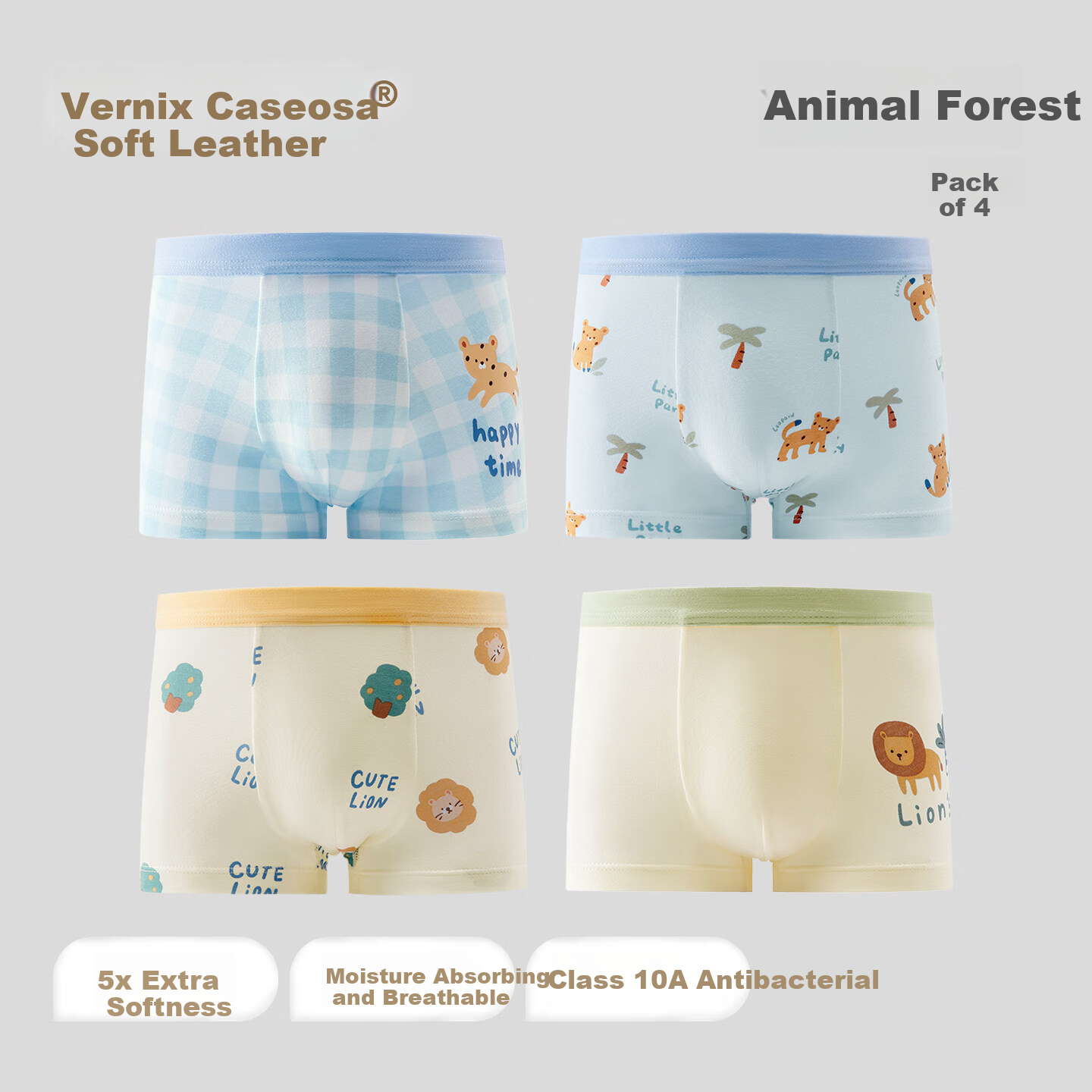 Beitais Fetal Sebum Children's Underwear Boys Soft Moisturizing Breathable Cotton Boxer Briefs 4-Pack