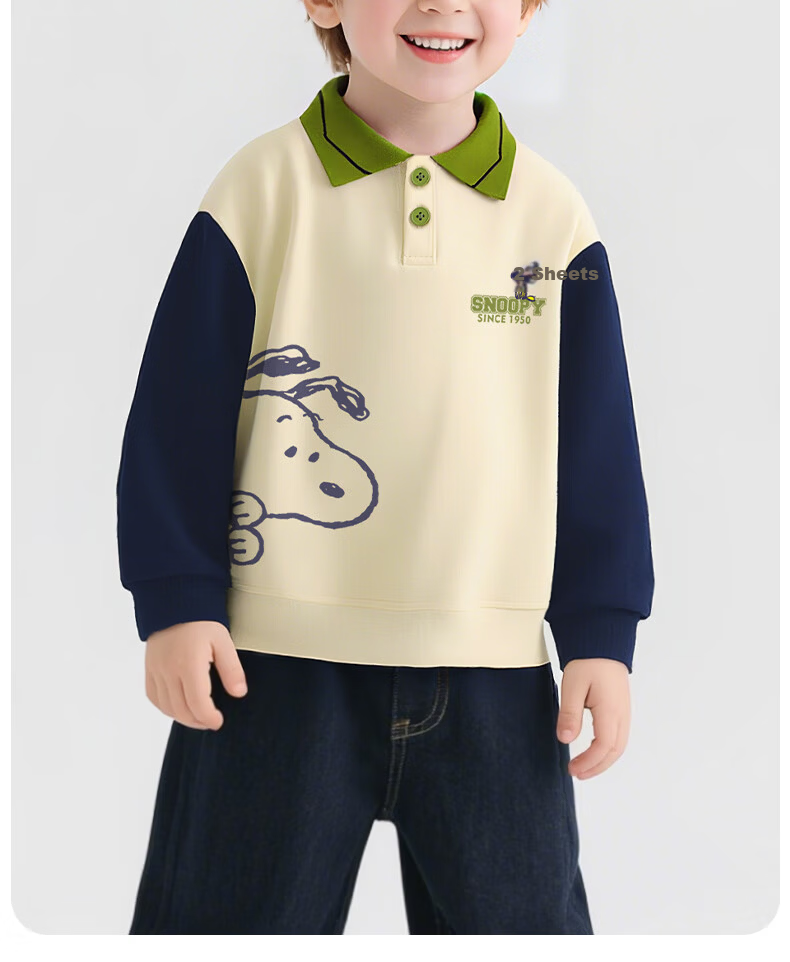SNOOPY Children's Spring And Autumn Color-Block Lapel Sweatshirt, Fashionable Versatile Top for Boys And Girls, Huiqinuobi Blue, Size 120 13