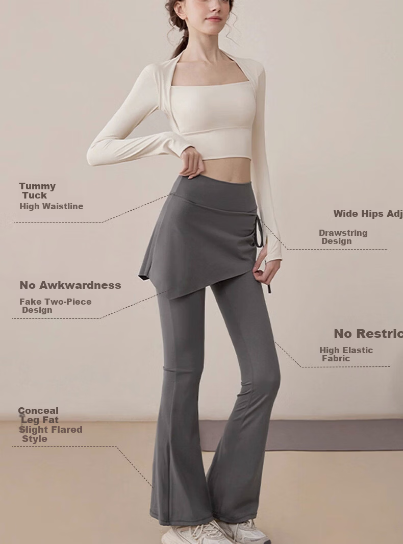 Free Style Faux Two-Piece High-Waist Slimming Yoga Pants for Women, Hip-Covering, Anti-Exposure Pilates Running Fitness Flared Skirt Pants 4