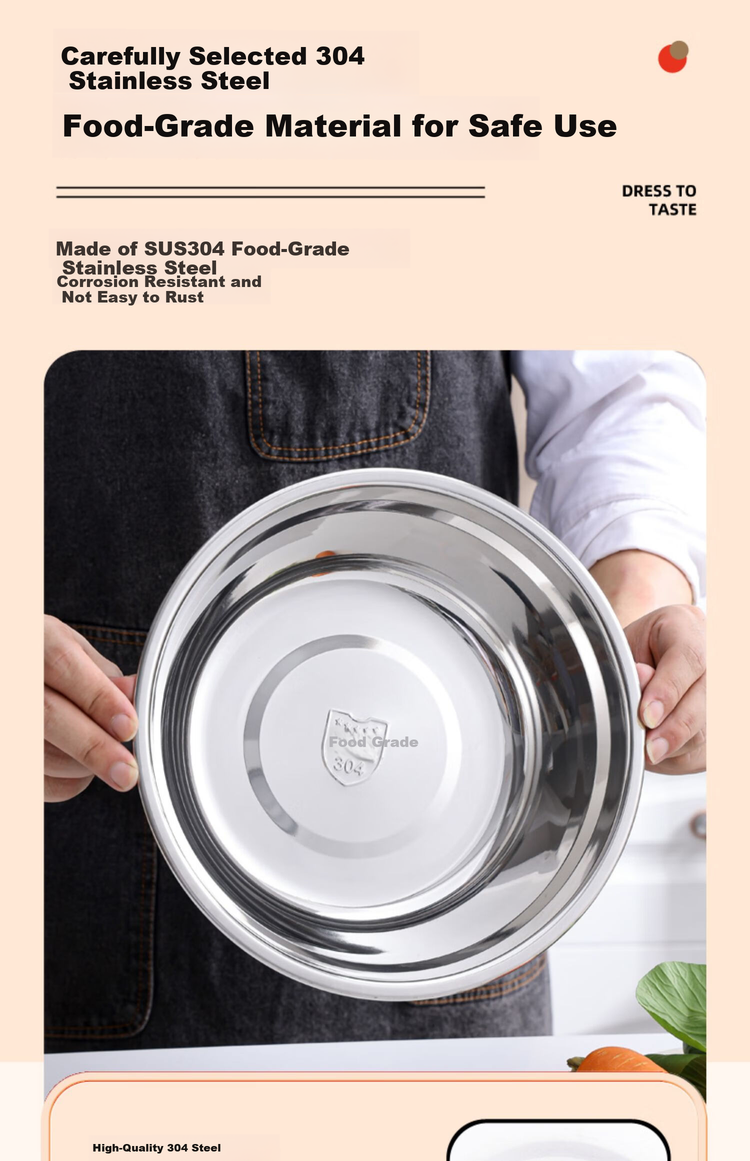 Oluoti 304 Stainless Steel Soup Bowl Commercial Dough Mixing Bowl Kitchen Marinating Seasoning Bowl Thickened Egg Beating Vegetable Washing Bowl 26cm 3