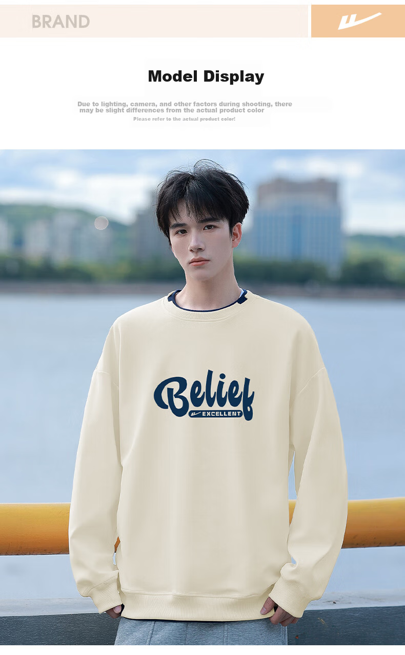 Huili Men's Sweatshirt, Autumn Letter Print Long-Sleeve T-Shirt, Loose-Fitting Undershirt, Casual Trendy Top for Men, Apricot Color, Size M 12