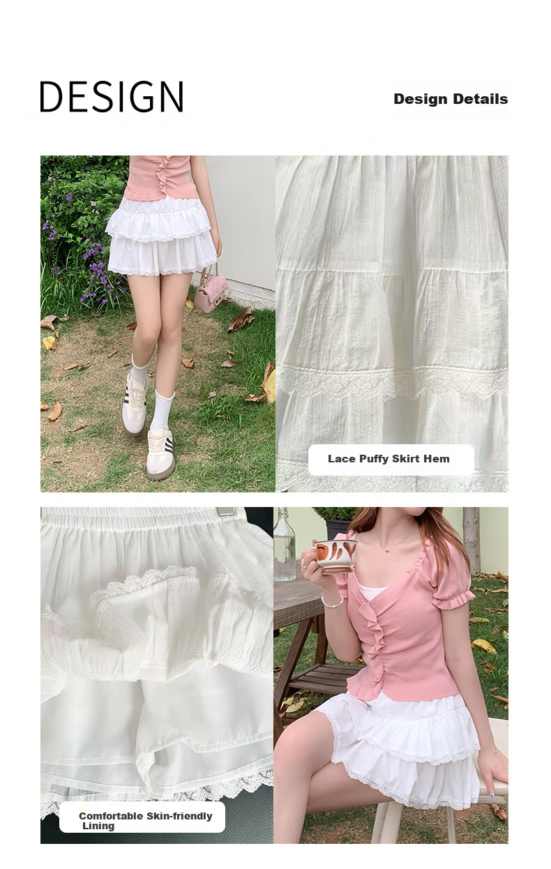 Langsha White Lace Cake Skirt Women's Spring Summer Slim Fit Beautiful Ballet Style High Waist French Puff A-Line Mini Skirt 3