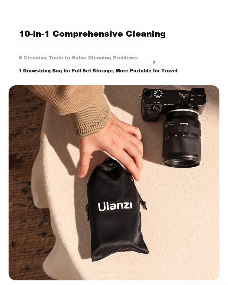 Ulanzi 10-in-1 Camera Cleaning Kit for Sony Canon Nikon Fuji CCD CMOS Sensor Cleaning Swabs Lens Cleaning Cloth Cleaner Soft Brush Silicone Air Blower 1
