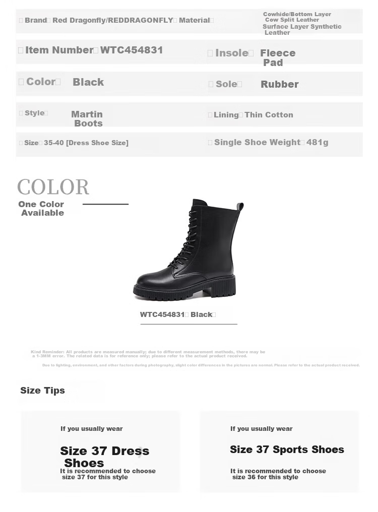 Red Dragonfly Women's Martin Boots Winter Warm Fleece Lined Short Boots Versatile Cowhide High-top Women's Boots WTC454831 Black Size 38 9