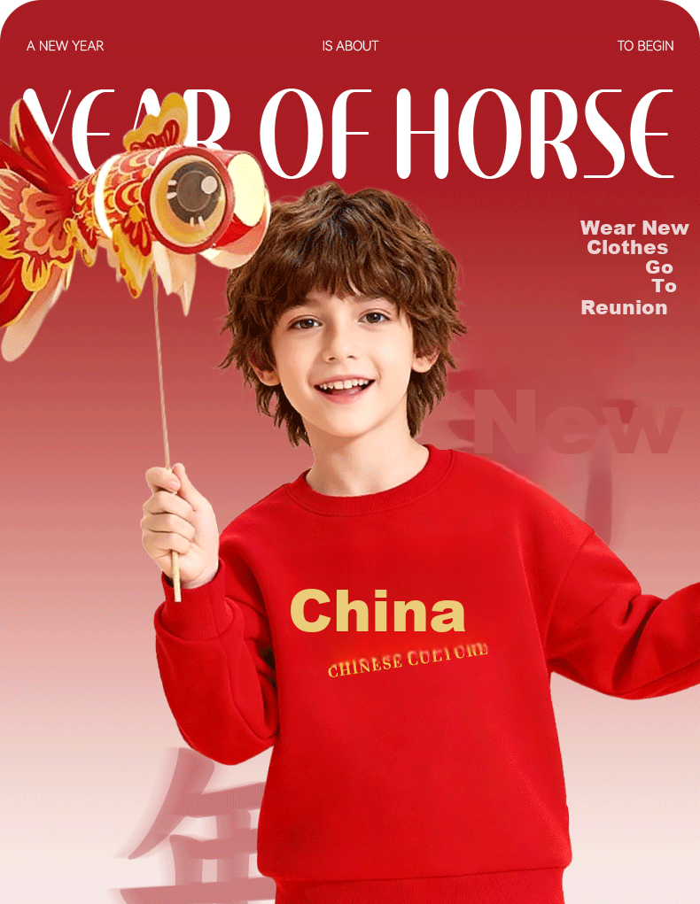 Baleno Children's Sweatshirt, Autumn And Winter Fleece-Lined, Boys And Girls New Year Red Top, Year of The Horse Zodiac Year, Chinese New Year Clothing, Greeting Clothes 1