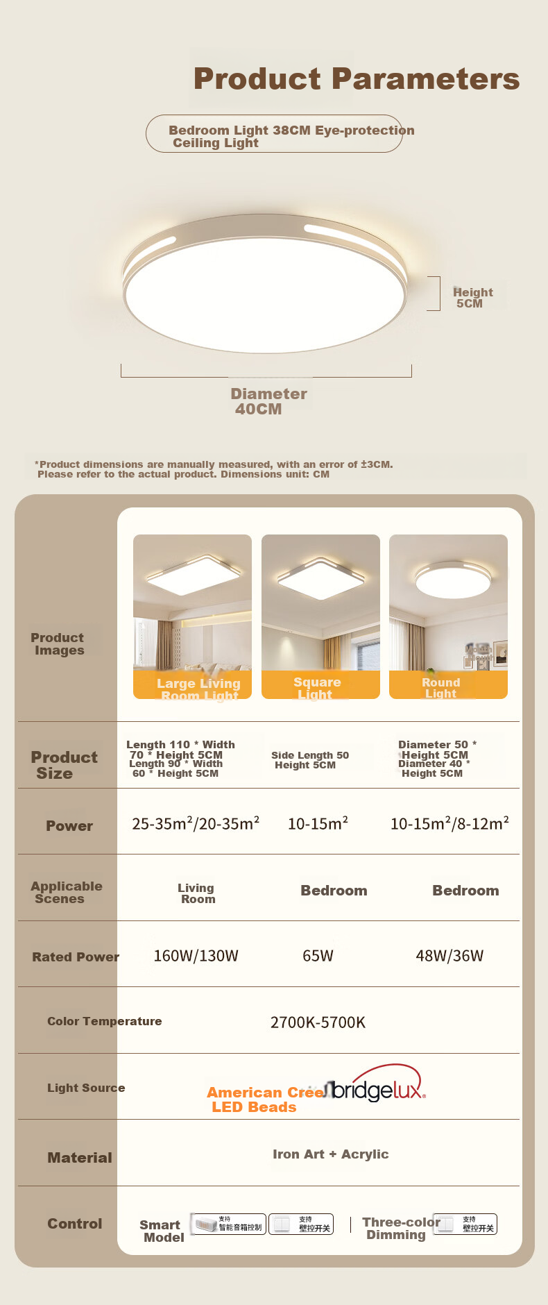 AOC Eye-Care Living Room Ceiling Light Simple LED Cree Supplementary Light 160W Mijia Smart Installation Included 5