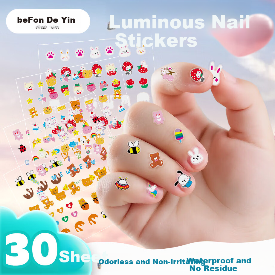 Deyin Children's Nail Stickers Wearable Nails Kids Manicure Stickers Baby Nail Decals Kindergarten Gift for Kids Ages 3-6 Handmade 30 Sheets Glow-in-the-Dark Rabbit Series 6651