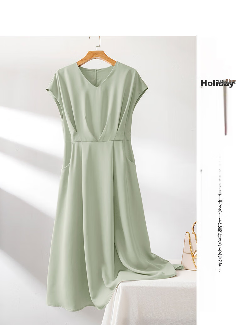 DME A-Line Skirt Summer Commuter V-Neck Short Sleeve Simple Mid-Length Dress for Women 8