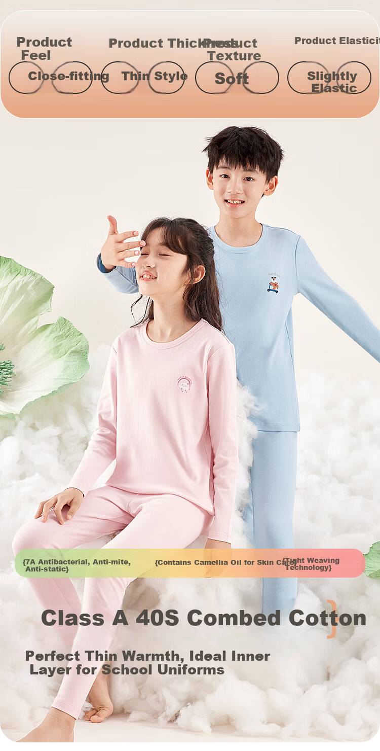 Hodohome Boys' Pure Cotton Antibacterial Anti-Mite Anti-Static Combed Cotton Camellia Oil Autumn Shirt and Pants Set 117 Blue 160 1