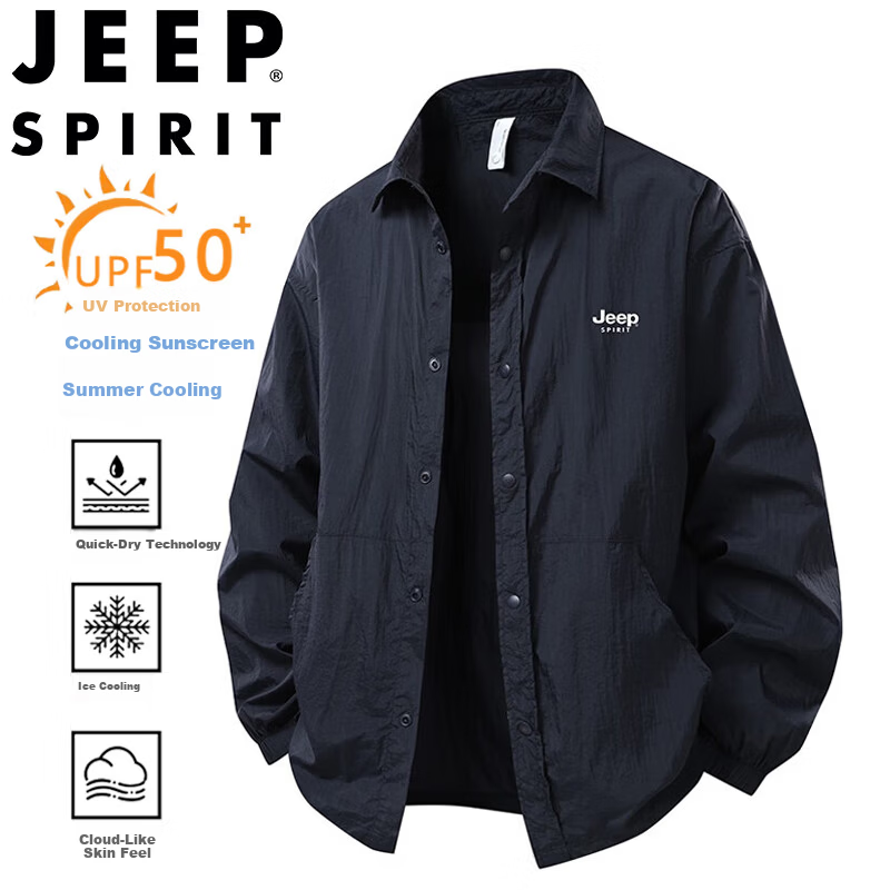 JEEP SPIRIT Men's Summer Shirt Jacket Casual Sun Protection Ice Cooling Quick-Dry Loose Fit Polo Shirt Navy Blue M