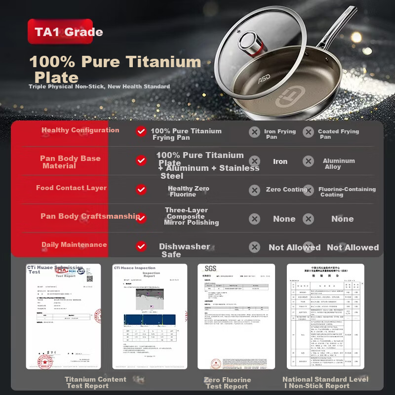 ASD 28cm Pure Titanium Non-Stick Frying Pan with Fluorine-Free Coating for Eggs, Steak, and Stir-Fry Compatible with Induction and Gas Stoves Z1