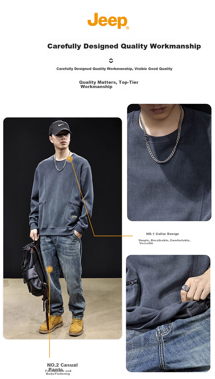 JEEP Men's Sweatshirt, Spring And Autumn Heavyweight Casual Long-Sleeve Loose Top, Men's Clothing, Gray, XL 3