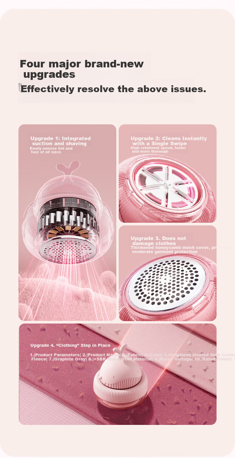 AUX Fabric Shaver Lint Remover Hair Trimmer Clothes Defuzzer Pilling Remover Hairball Remover Pink with 3 Replacement Blades 6