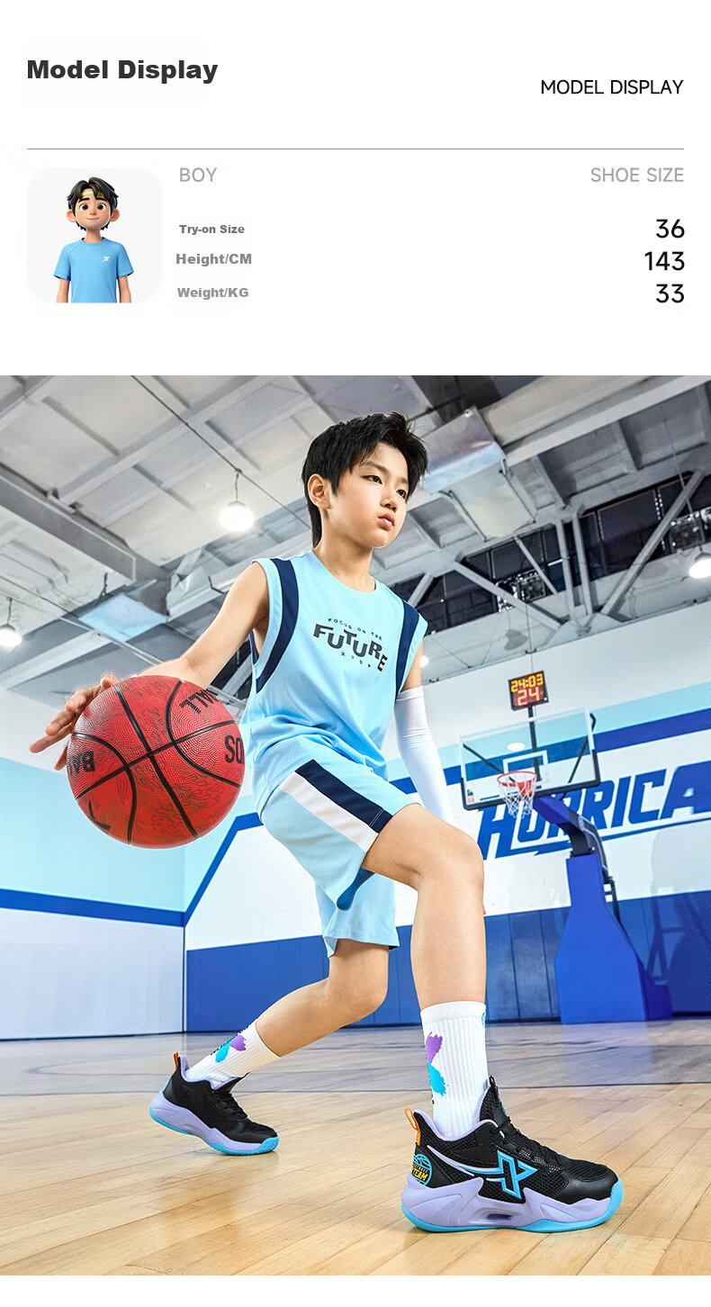 XTEP Youth Style Hunter Sports Shoes Boys Anti-Rollover Burnt Flower Craft Basketball Shoes Black/Changchun Flower Purple 37 1