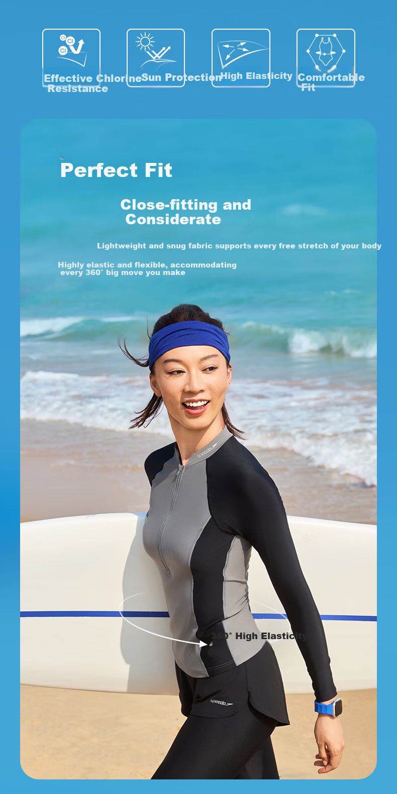 Speedo Free Freedom Series Iyaran Sun Protection High Neck Colorblock Short Sleeve Swimsuit Top Women Beach Hot Spring Aurora Blue 1