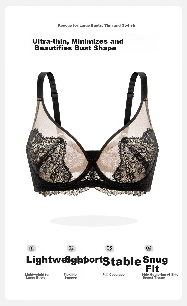 Ordifen Women's Soft Underwire Ultra-Thin Lace Sexy Lift Back Support Large Bust Minimizing Bra XB4315 2