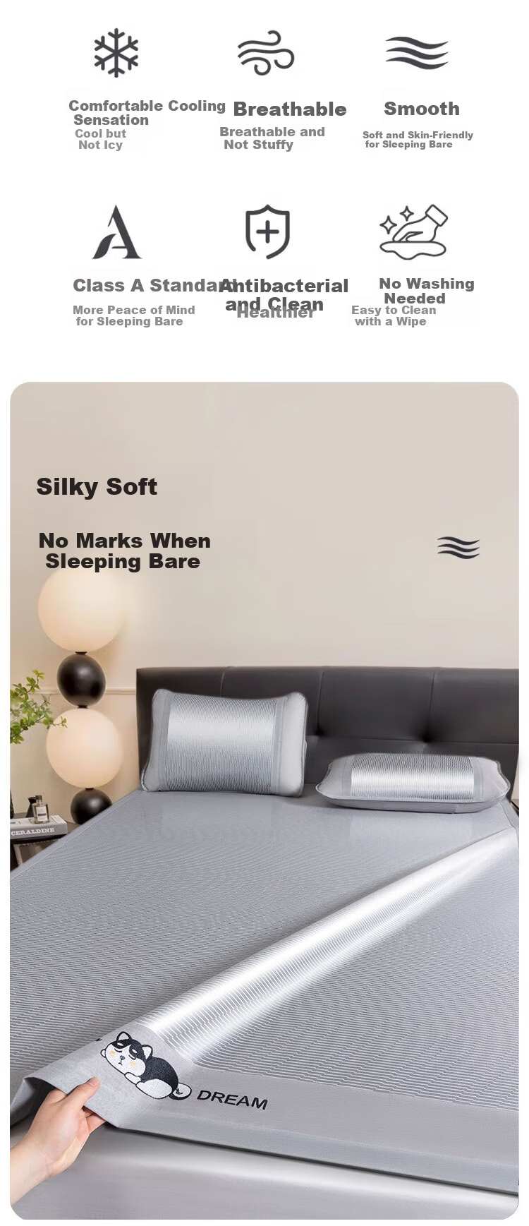 Nanjiren Summer Cooling Mat A-Class Antibacterial Carbon Fiber Ice Silk Mat Three-Piece Set Double Home Cooling Ice Silk Bed Sheet 1.8m Bed 1