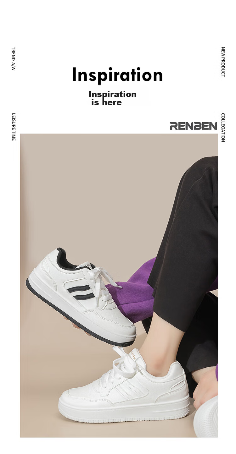 RENBEN Korean Style INS Trendy High-Value Fashion Simple Sneakers Slimming Height-Increasing Lightweight Comfortable Versatile White Shoes for Students 8