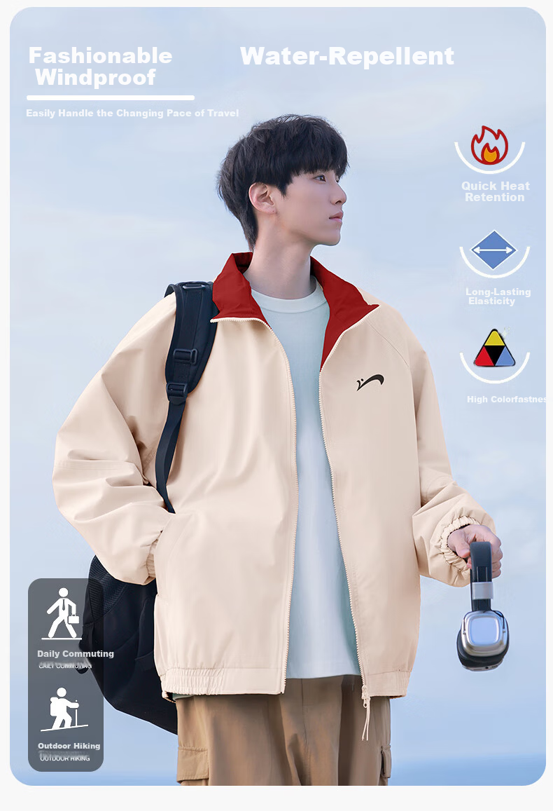 Guirenniao Men's Stand Collar Jacket New Spring Autumn American Baseball Collar Jacket Moonlight Blue S 6