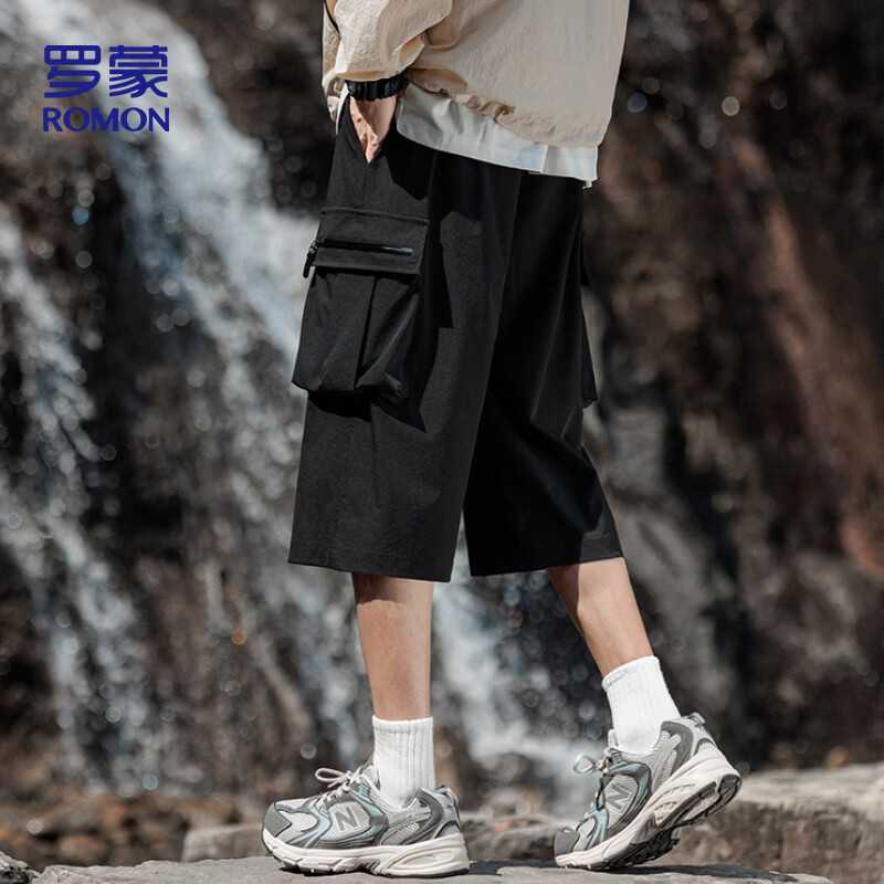 Romon Men's Summer Thin Ice Silk Quick-Dry Seven-Point Shorts Large Size Loose Casual Work Pants K172 Black M