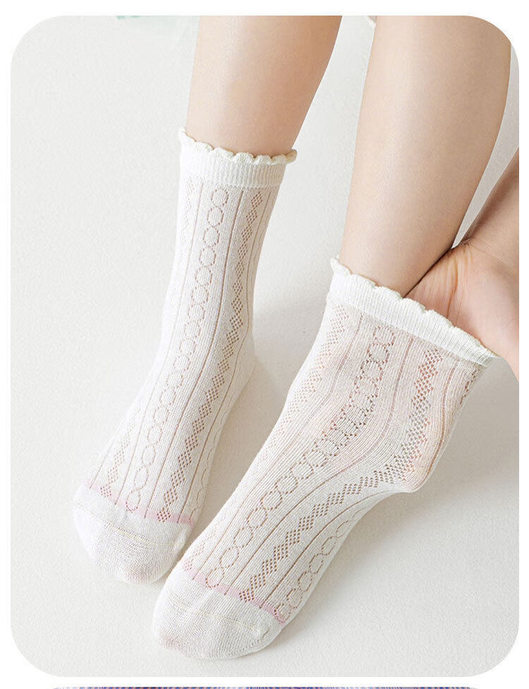 Miiow 5 Pairs Children's Socks Summer Thin Mesh Breathable Sweat-Absorbing Mid-Calf Socks Girls Ballet Style Spring Summer Class A Seamless Socks 7