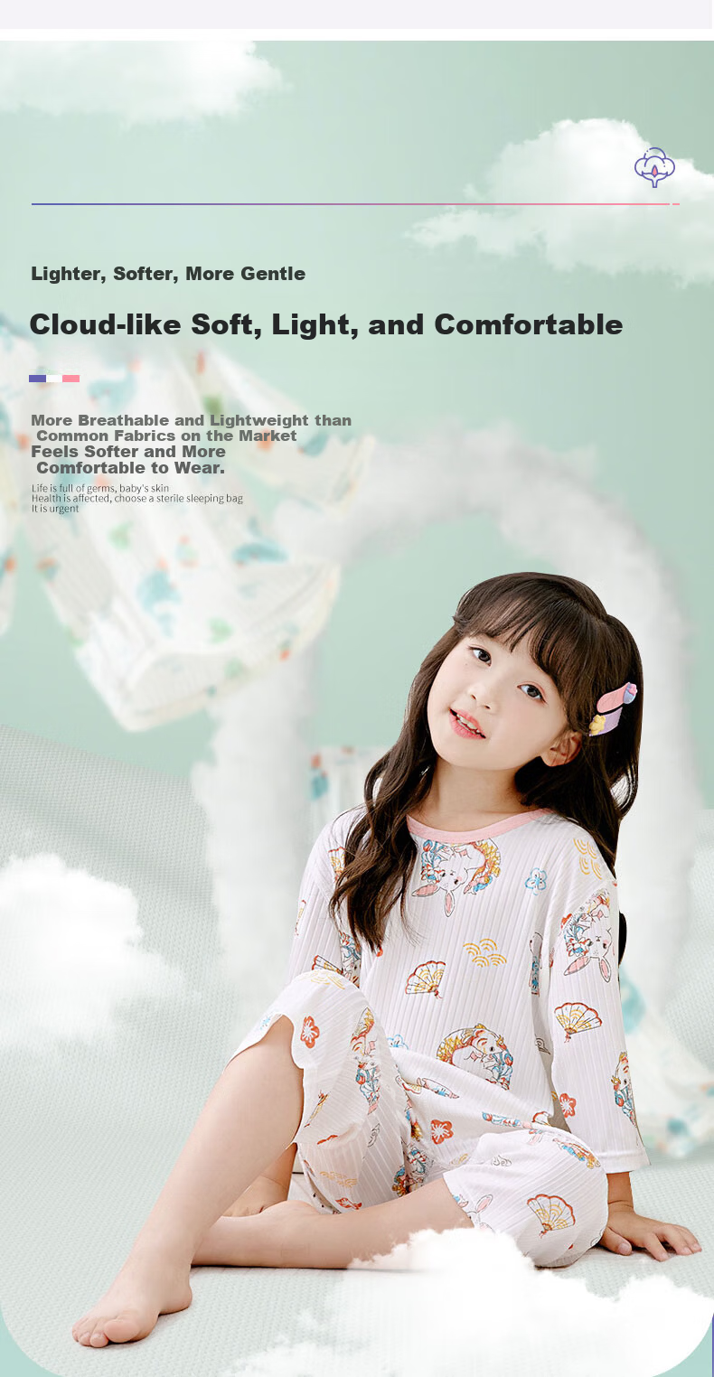Langsha Children's Pajamas Boys Girls Summer Thin Baby Homewear Set Big Kids 3/4 Sleeve Air Conditioning Clothes 140 3