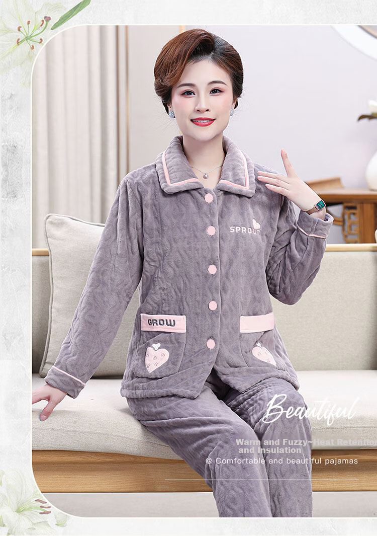 Urban Beauty Women's Flannel Pajamas Middle-aged and Elderly Mom Autumn Winter Coral Fleece Thickened Plus Size Homewear 1