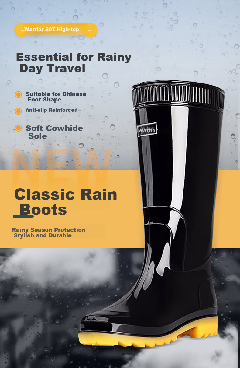 Warrior High Tube Rain Boots Waterproof Outdoor Non-Slip Rubber Shoes Reflective Patch Upgrade Model 8127 Black Size 45 6