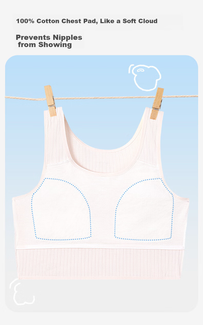 Jiusuiban 2-Pack Girls' Underwear Set, 8-10 Years Old, Developmental Stage Girls' Bra, Large Kids, 100% Cotton Padded Mid-Length Vest 6