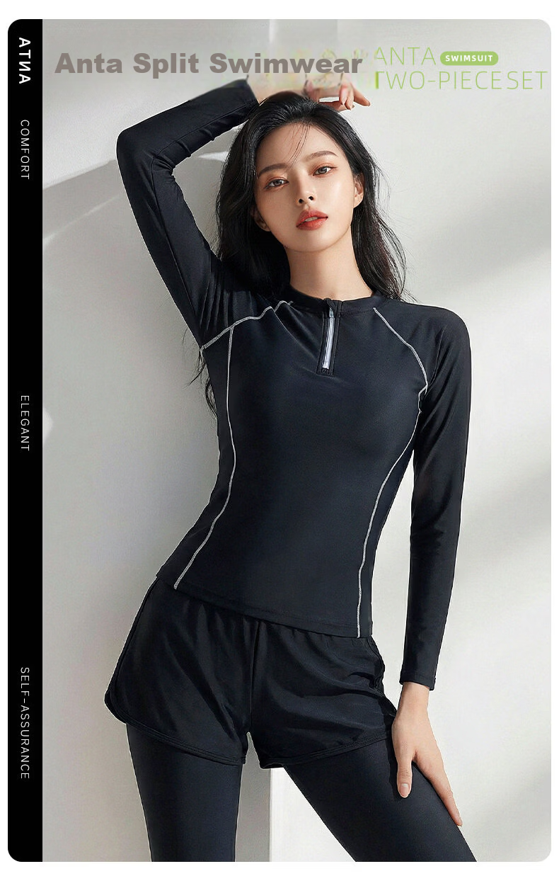 ANTA Women's Two-Piece Long Sleeve and Long Pants Swimsuit Conservative Plus Size Swimwear Sun Protection Surfing Diving Suit Black L 2