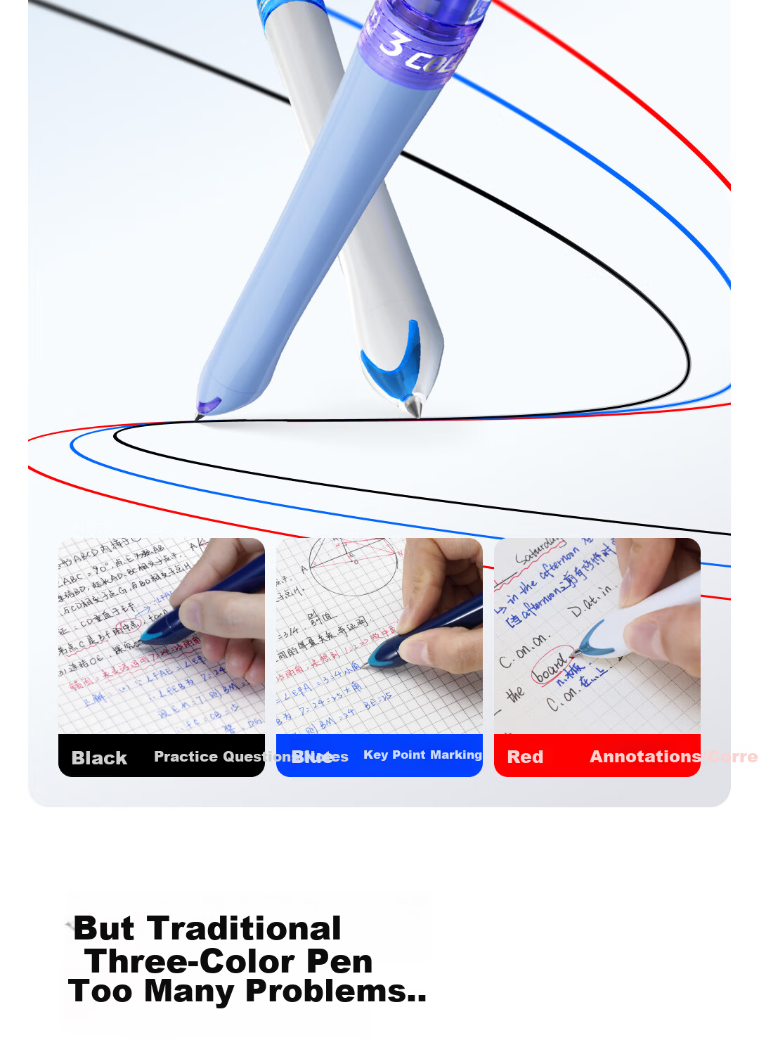 Dianshi Pen Cruise Time Capsule Tri-Color 0.5mm Retractable Dual-Ball Quick-Dry Gel Pen Black Blue Red Multifunctional Student Office Supplies 6254 [1 Pen 3 Refills] White Blue Barrel 6