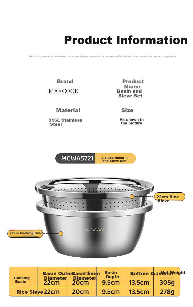 MAXCOOK 316L Stainless Steel Bowl and Sieve 3-Piece Set Thickened Seasoning Bowl, Vegetable Washing Bowl, Dough Mixing Bowl, Rice Sieve MCWA5653 10
