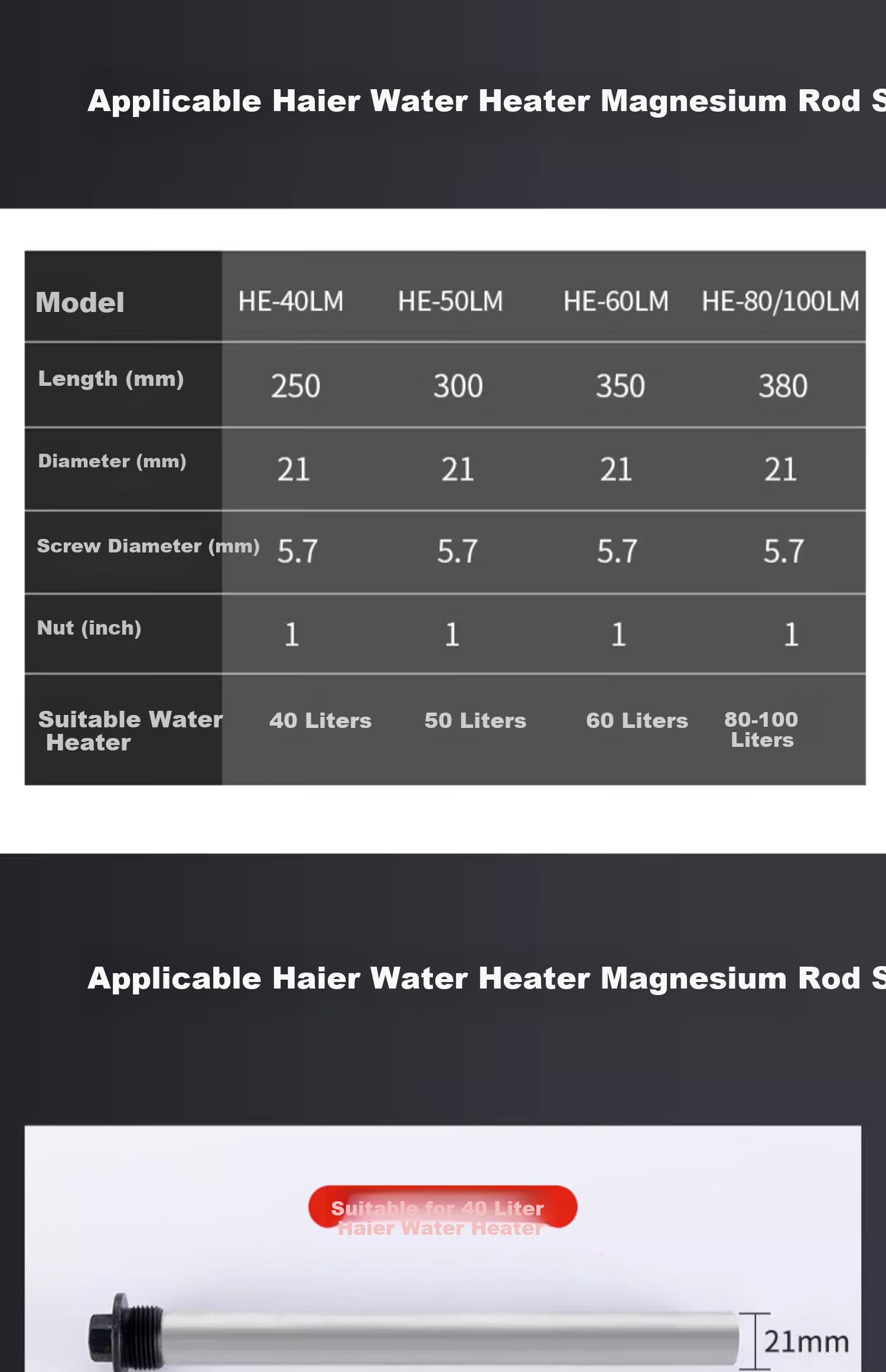 Behind Hero Magnesium Anode Rod for Haier Electric Water Heater 40L/50L/60L/80L/100L Household High Purity Scale Removal Anode Rod Accessory 80-100L 10