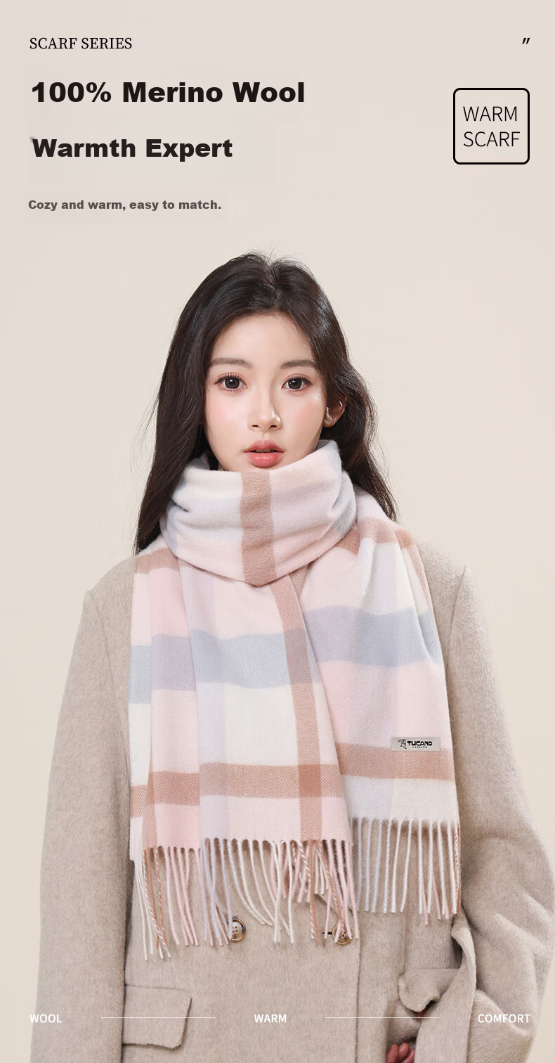 TUCANO Pure Wool Women's Winter Plaid Scarf Warm Shawl Neck Warmer Gift for Girls and Moms New Year Birthday 1