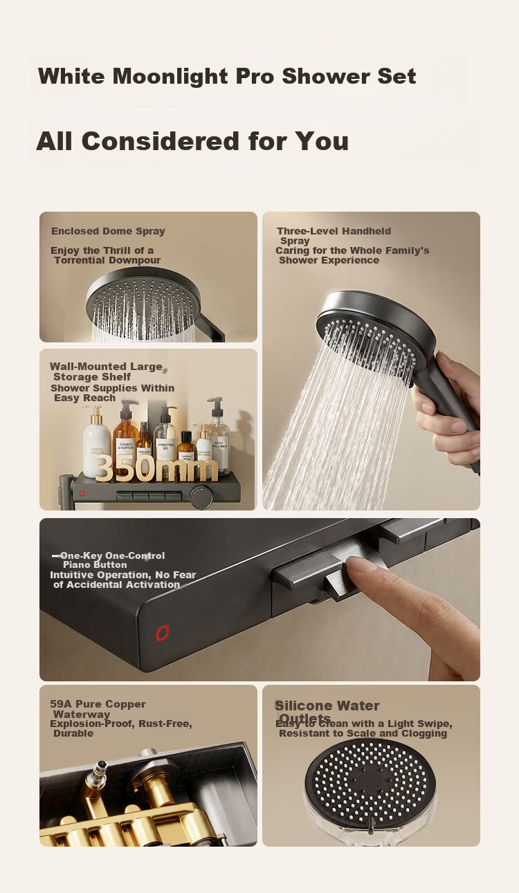 JD Original White Moonlight Shower Set, All-Copper, Cream White, with Large Storage Shelf And Square Tube Spray Gu 4