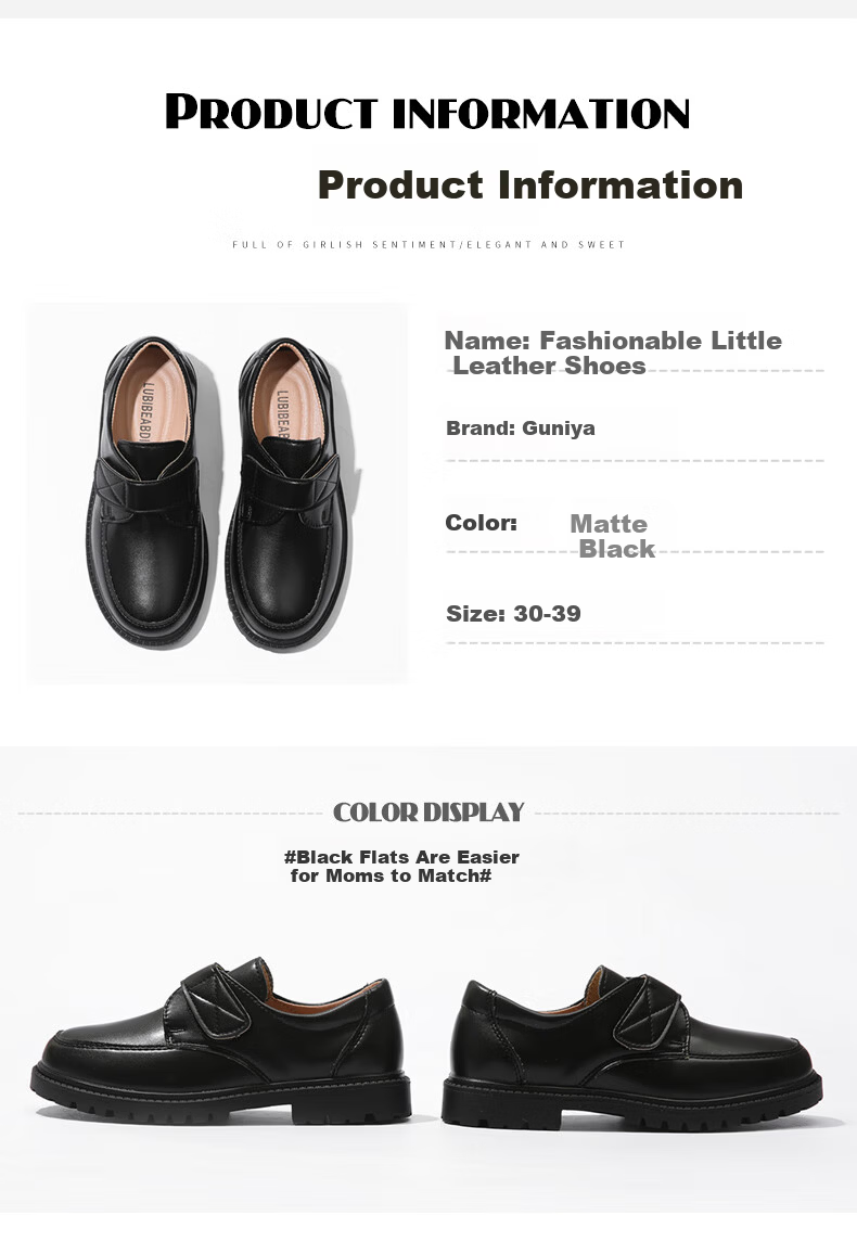 Guniya Children's Leather Shoes, Boys' British Style Performance Shoes, Formal School Etiquette Leather Shoes, Matte British Style, Size 37 9
