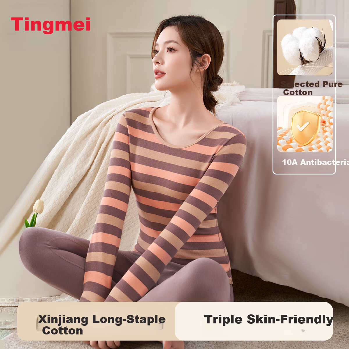 GRACEWELL Women's Pure Cotton Thermal Underwear Set Autumn Winter Striped Cotton Sweater Base Layer