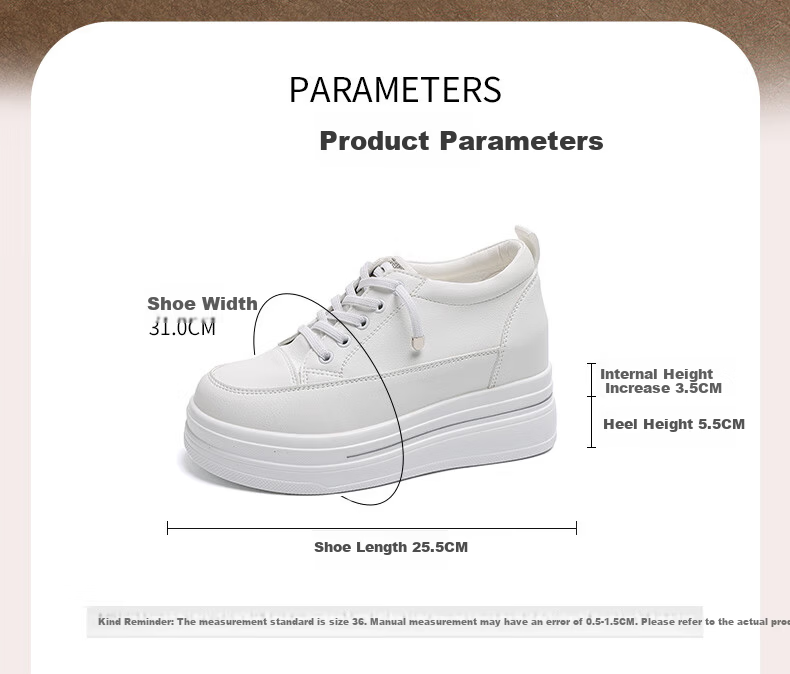 MULINSEN Women's New Thick-Soled Hidden Height Increase White Sneakers Spring Summer Casual Sports Shoes Slimming Versatile Black Size 36 6
