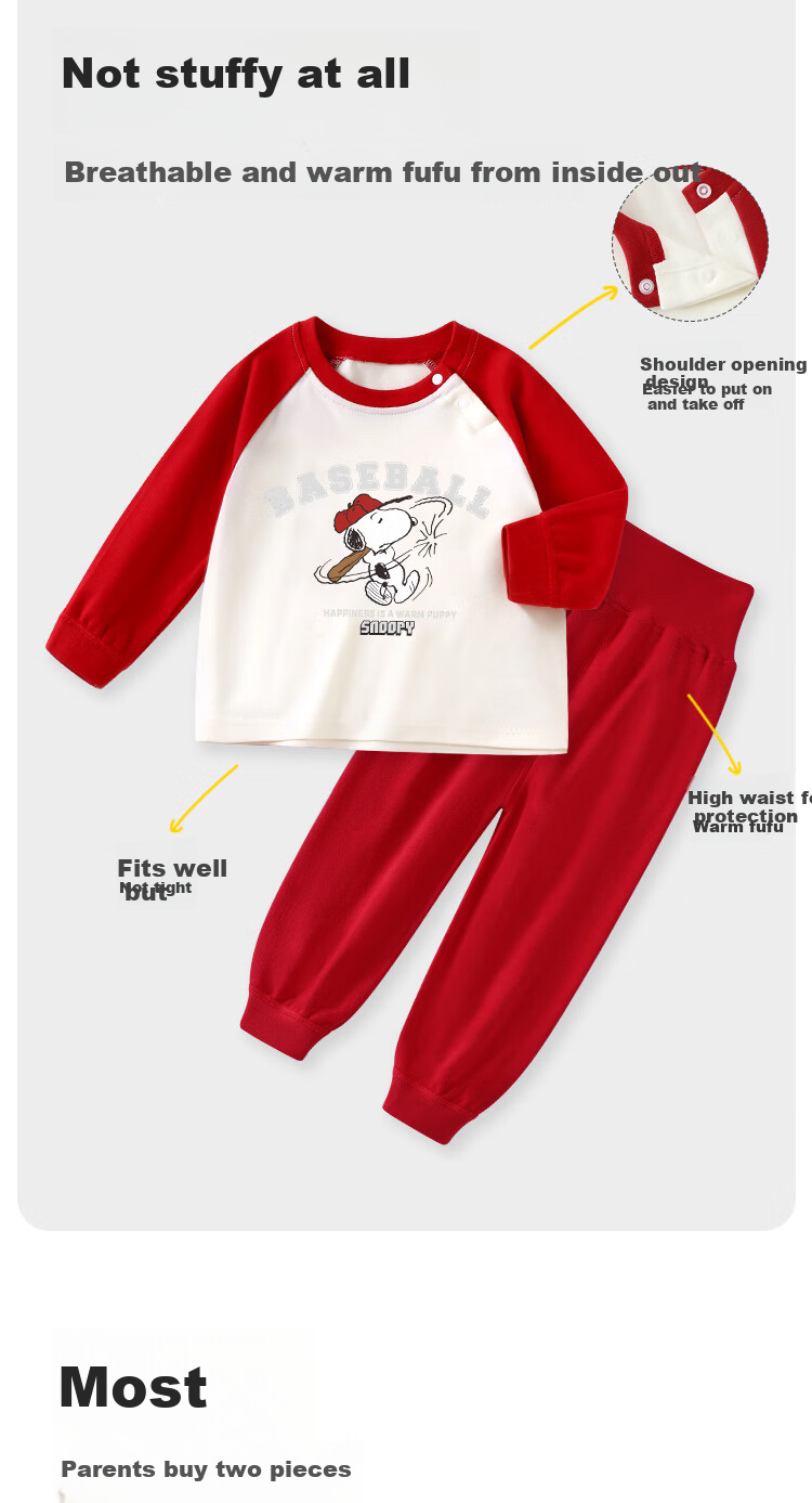 SNOOPY Kids Autumn Winter Cotton Thermal Underwear Set Boys Girls New Year Festive Red Batting 80 6