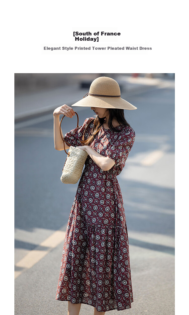 Demana Gentle Pure Cotton Summer Elegant Style Round Neck Printed Tower Pleated Waist Slimming Dress for Women Premium Quality 4