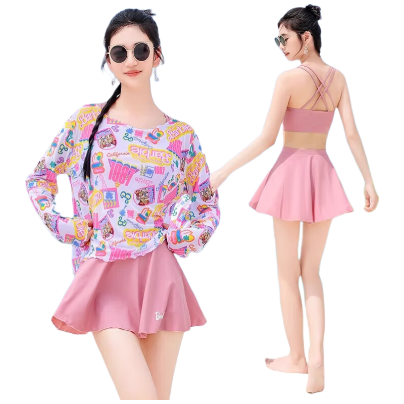 Barbie Women's Two-Piece Beach Vacation Swimwear Set, Long-Sleeve Cover-Up, Slimming Swimwear for Hot Springs Resort