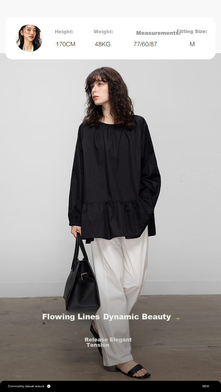 Demana [Pure Cotton Poplin] Spring Elegant Round Neck Mid-Length Doll Shirt Loose Small Size Blouse for Women 12